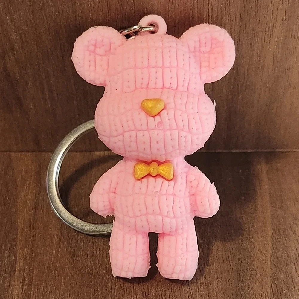 Pink‎ Quilted Teddy Bear Keychain Gold Heart Nose Bow Tie Bag Charm Accessory